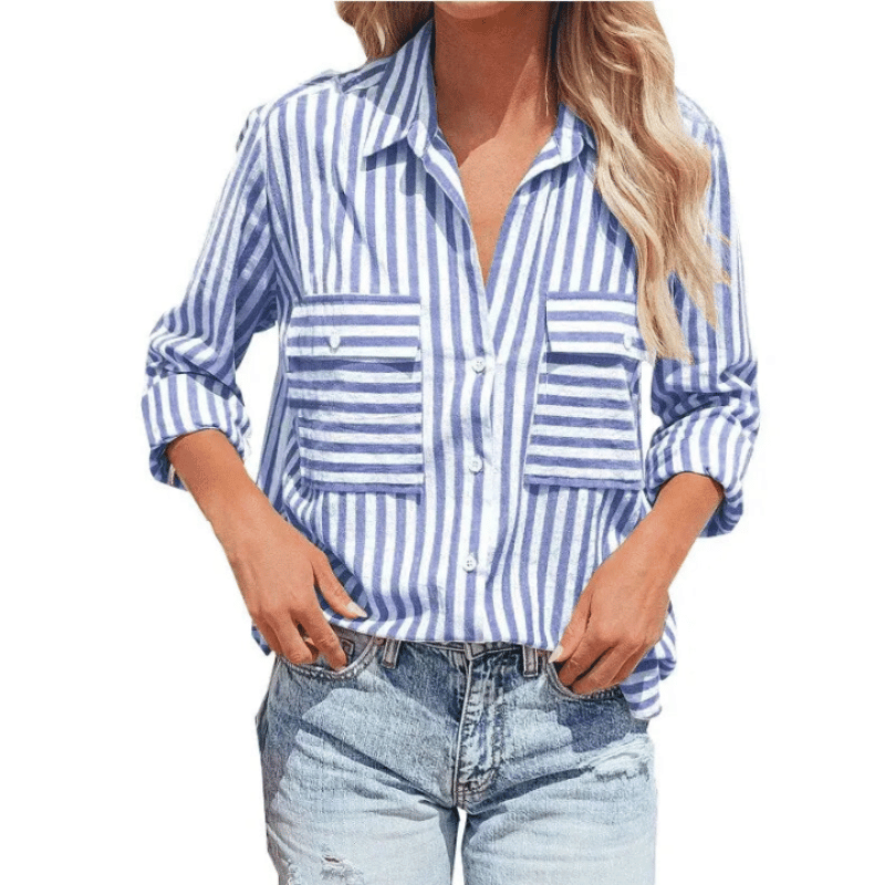 Camisa Feminina Listrada Manga Longa Azul Escuro - Vilumagazine