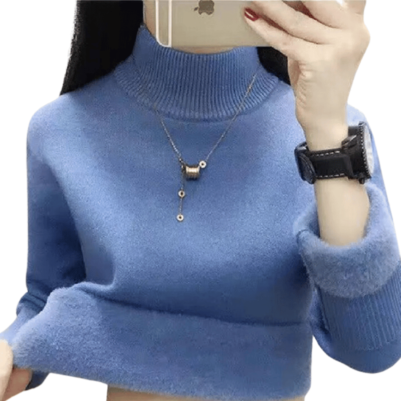 Suéter Feminino de Inverno com Gola Alta e Forro de Veludo Azul - Vilumagazine