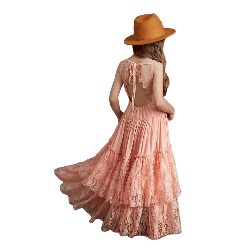 Vestido Infantil Longo de Renda Princesa Sem Mangas Rosa - Vilumgazine