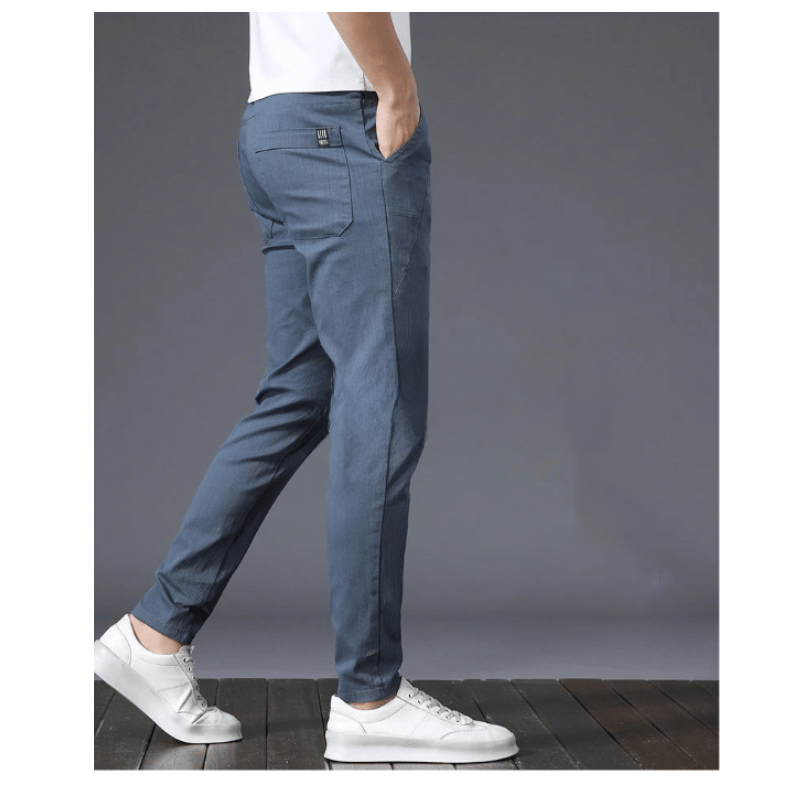 Calça Casual Masculina Reta de Cintura Alta com Cordão Elástico Azul - Vilumagazine