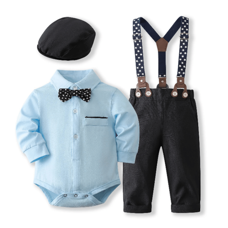 Conjunto Para Bebê Menino com Boina e Suspensório Azul e Preto - Vilimagazine