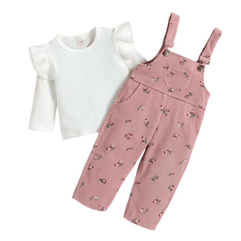 Conjunto Infantil Jardineira Estampa Florale Blusa de Manga Longa Rosa e Branco - Vilumagazine