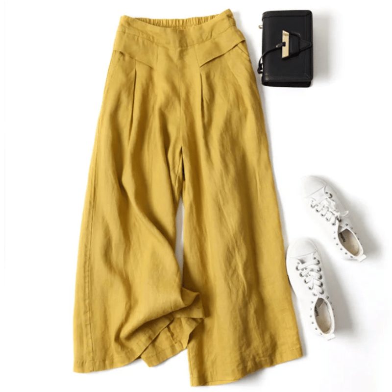 Calça Pantalona Feminina de Algodão e Linho Amarelo - Vilumagazine