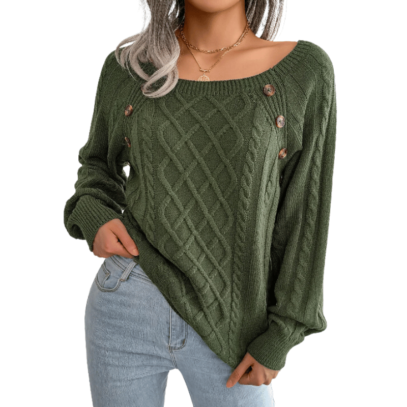 Blusa Feminina de Malha Casual com Gola Quadrada e Botões Verde Exercito - Vilumagazine