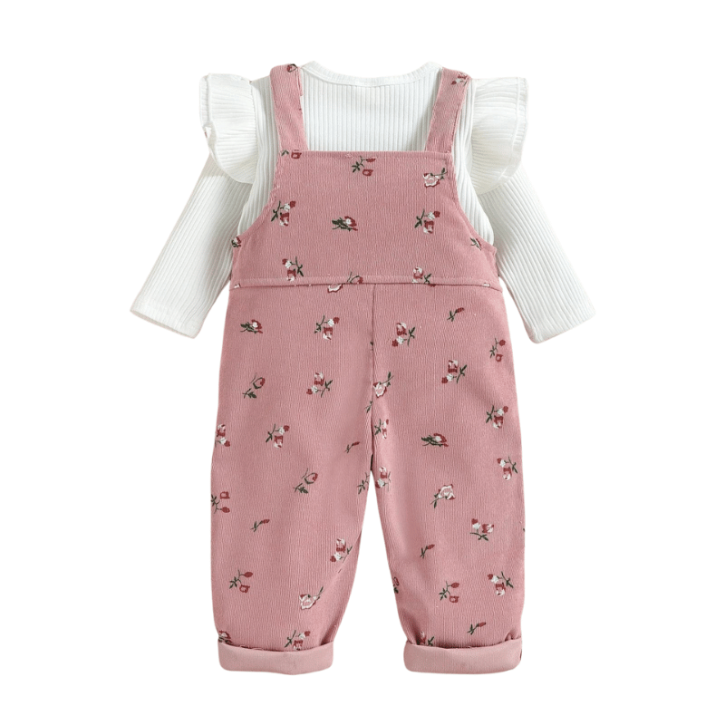 Conjunto Infantil Jardineira Estampa Florale Blusa de Manga Longa Rosa e Branco - Vilumagazine