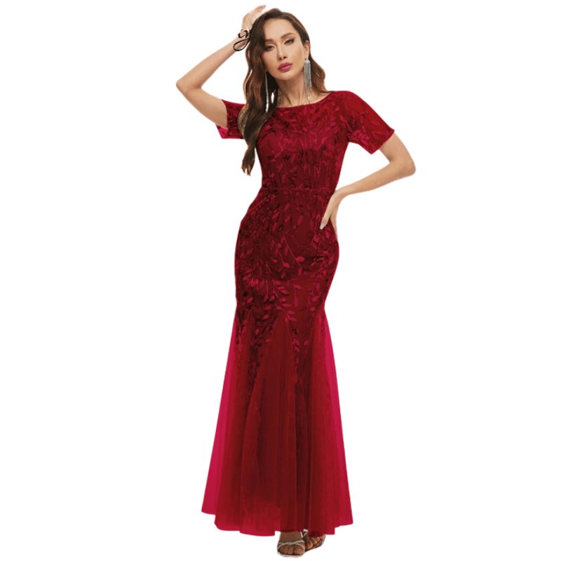 Vestido de Festa Maxi com Lantejoulas Transparentes Vermelho Vinho - Vilumagazine