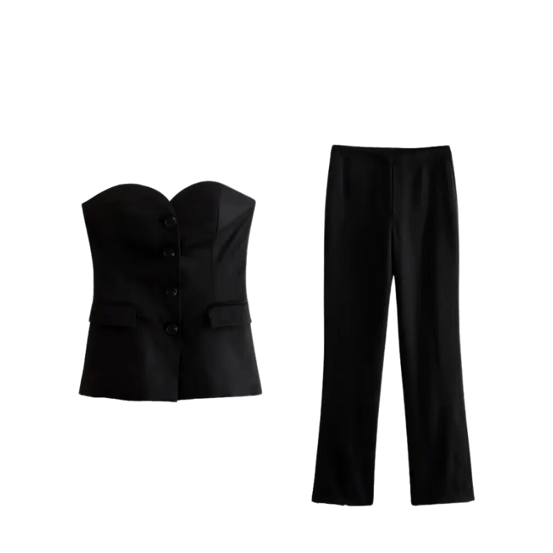 Conjunto Feminino Elegante Calça e Blusa Sem Alças Preto - Vilumagazine