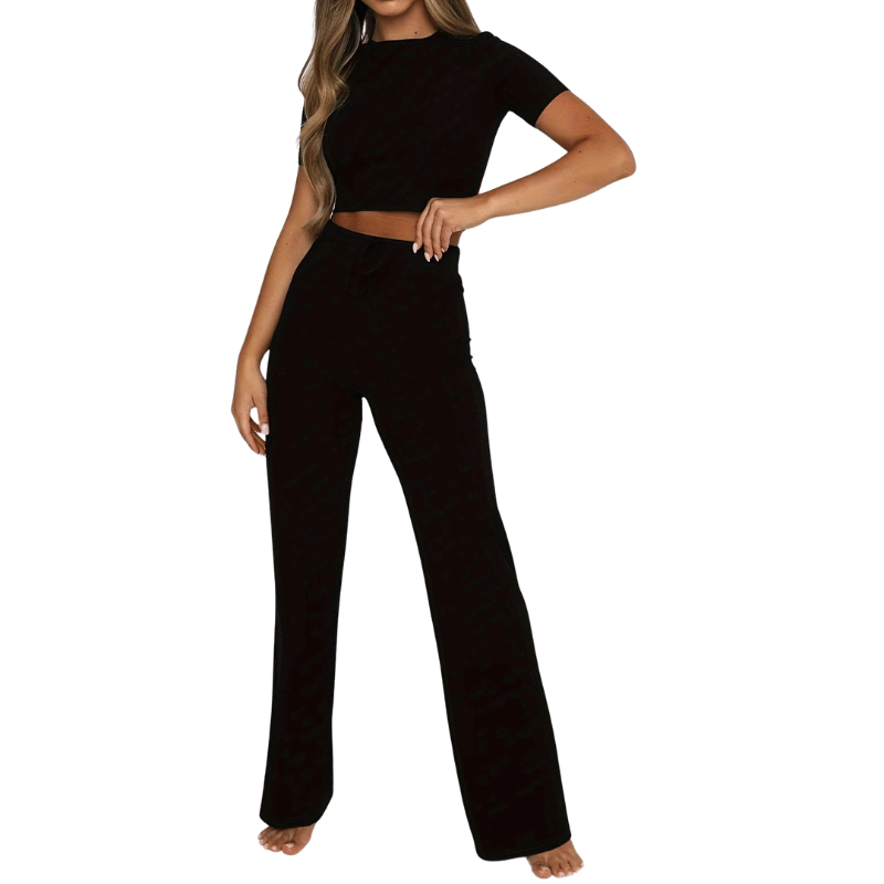 Conjunto Feminino Calça Justa Casual com Bolsos e Blusa Curta Preto - Vilumagazine