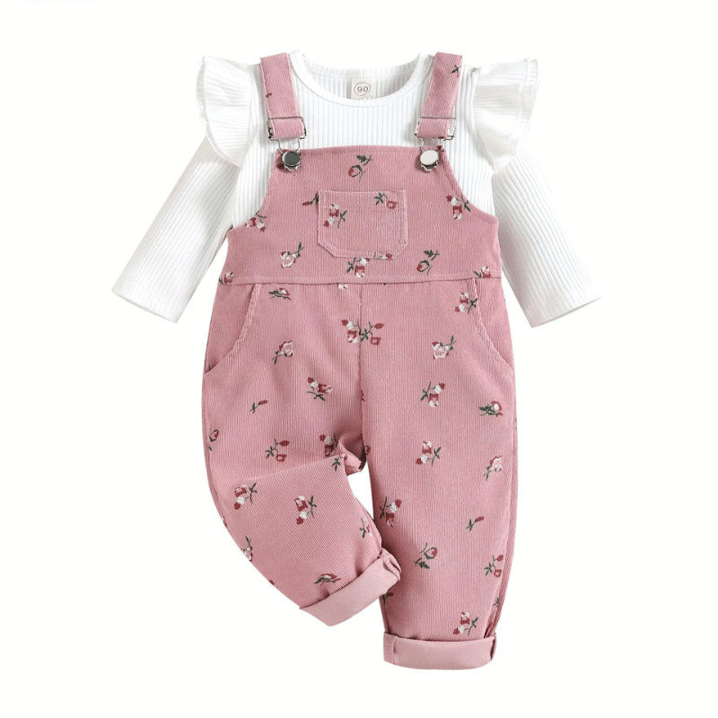 Conjunto Infantil Jardineira Estampa Florale Blusa de Manga Longa Rosa e Branco - Vilumagazine