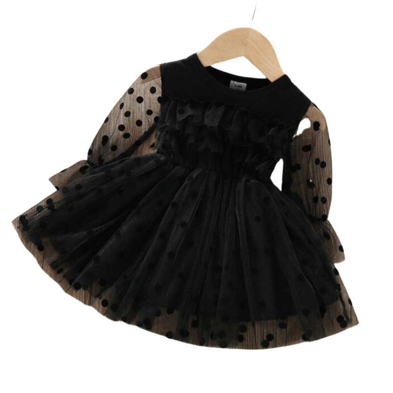 Vestido Infantil Manga Longa Bolinhas Preto-Vilumagazine