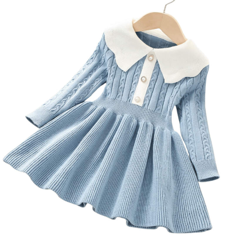 Vestido Inverno De Tricô Manga Longa Infantil Azul - Vilumagazine