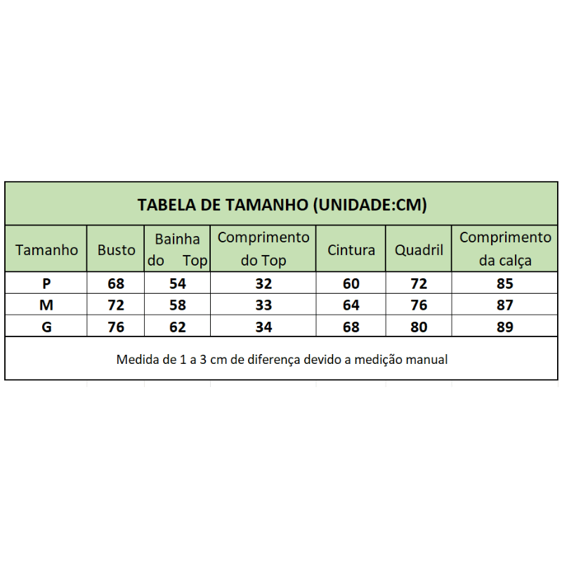 Conjunto de Treino Sem Costura Cintura Alta Tabela de Medidas - Vilumagazine