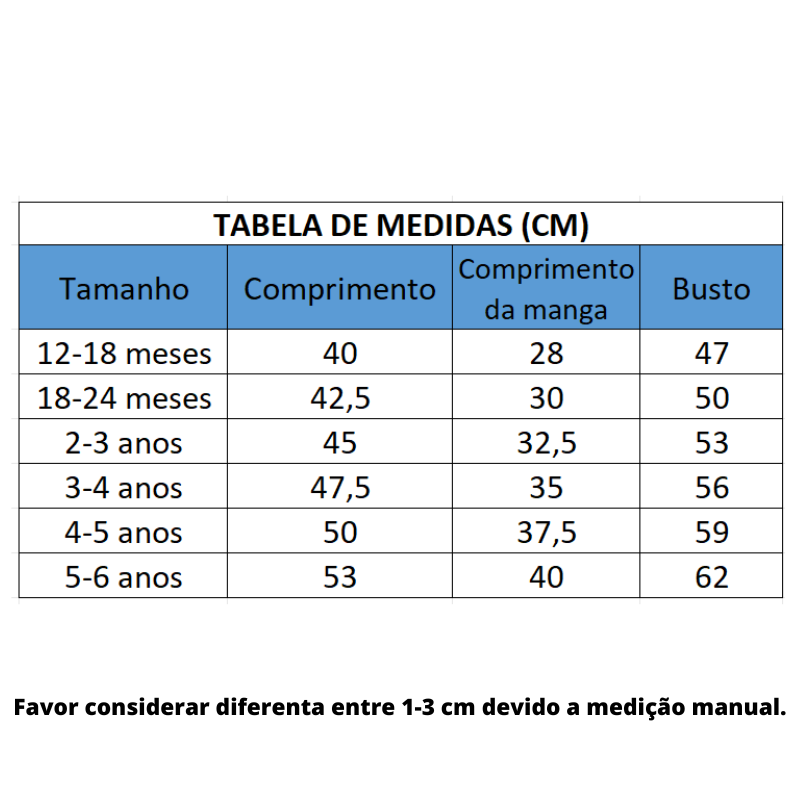Maiô Infantil Manga Comprida Tabela de Medidas- Vilumagazine