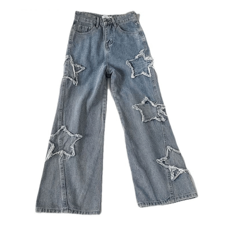 Calça Jeans Feminina Larga com Estampa de Estrela