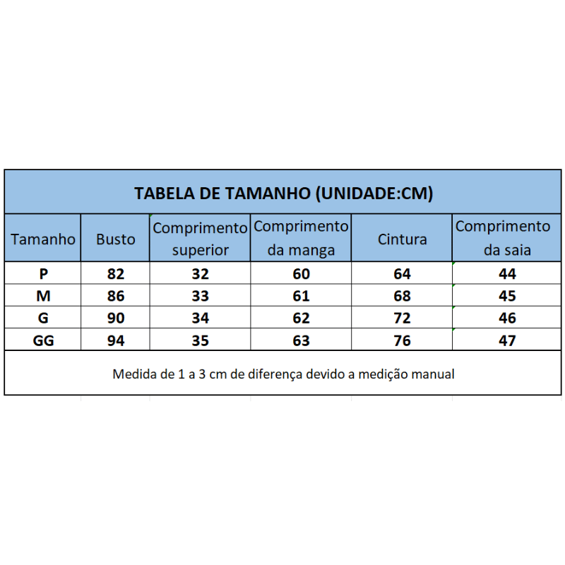 Conjunto de Verão Elegância em Renda com Top e Saia Mini Tabela de Medidas - Vilumagazine