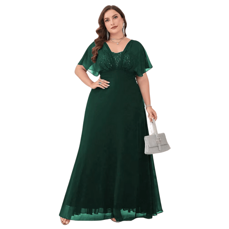 Vestido Longo de Chiffon com Decote em V e Lantejoulas Verde - Vilumagazine