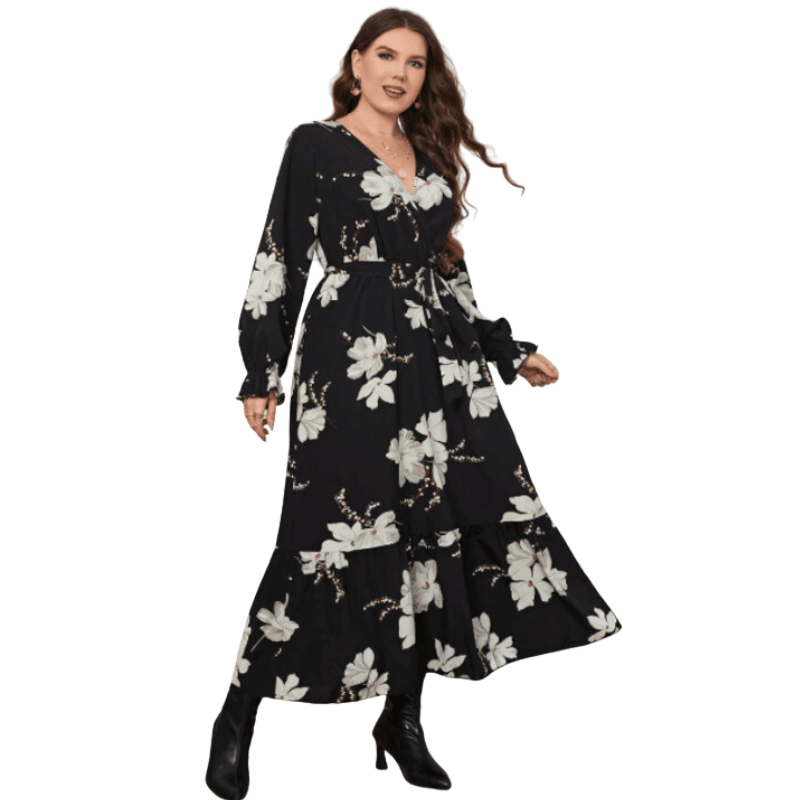 Vestido Florido Maxi Elegante Plus Size Preto - Vilumagazine