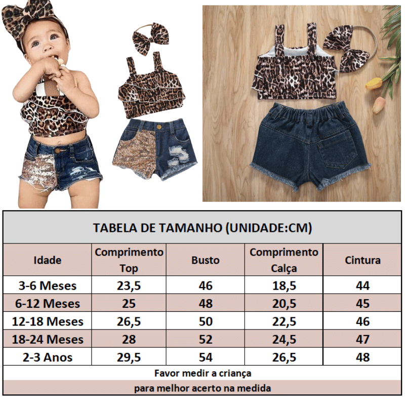 Tabela de Tamanho Top sem Mangas de Leopardo, Shorts Jeans e Laço Para Bebês - Vilumagazine