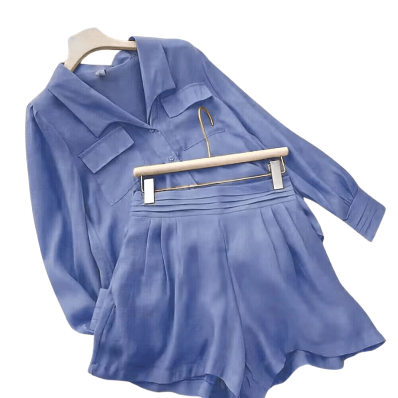 Conjunto Fashion Camisa Manga Longa E Shorts Azul - Vilumagazine