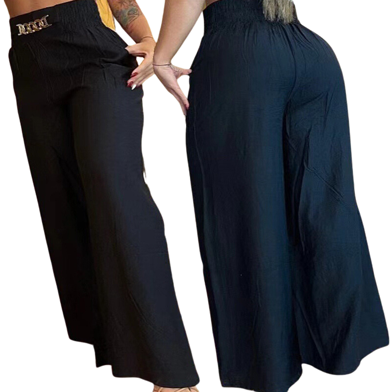 Calça Feminina Larga Casual Cintura Alta - Preto - Vilumagazine