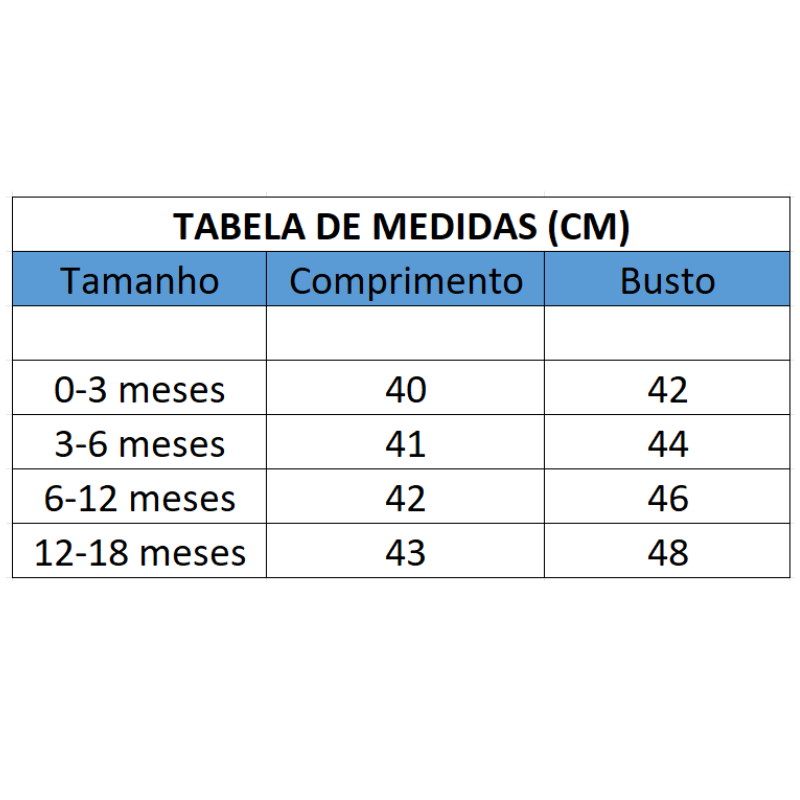 Macacão Curto Infantil Manga Longa Floral Menina Bebê Tabela de Medidas - Vilumagazine