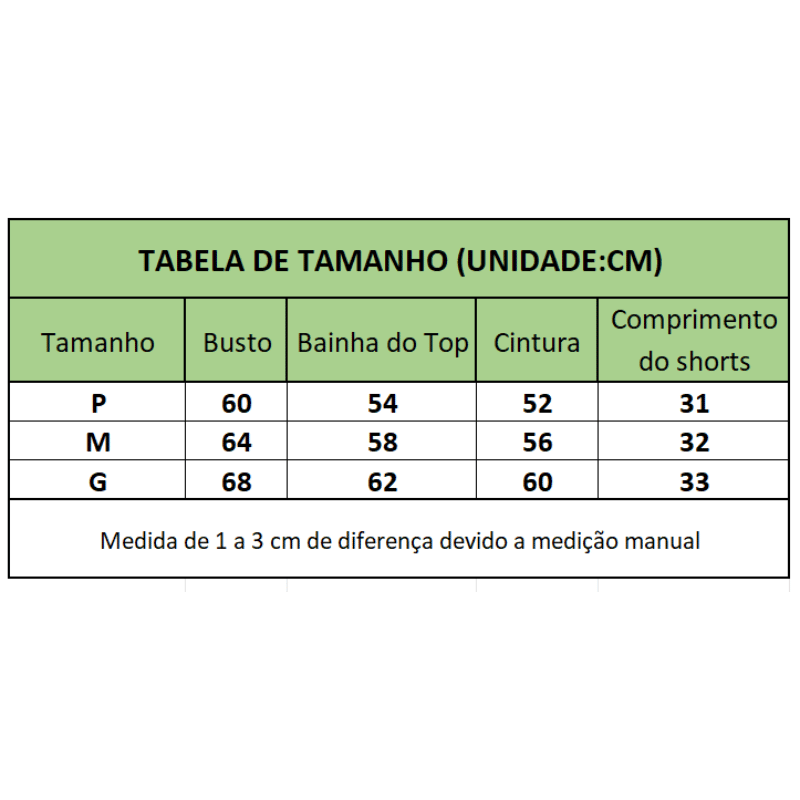 Conjunto Esportivo Top com Amarração e Shorts de Cintura Alta Tabela de Medidas - Vilumagazine