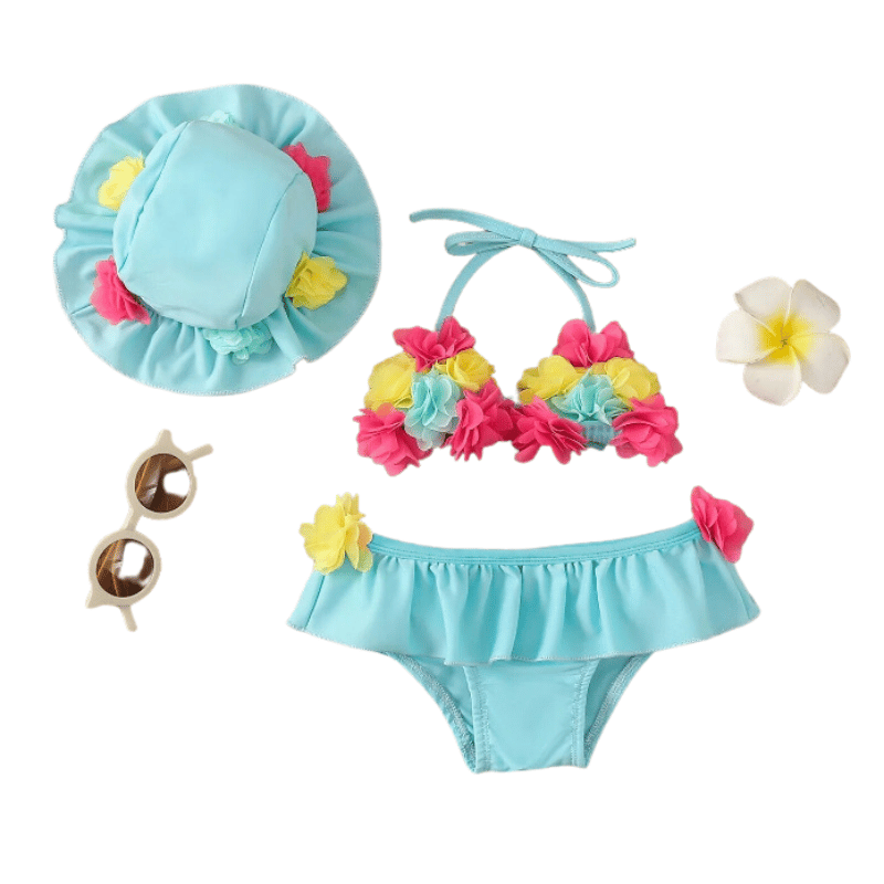 Conjunto Biquini Infantil Bebê Três Peças Floral-Azul- Vilumagazine