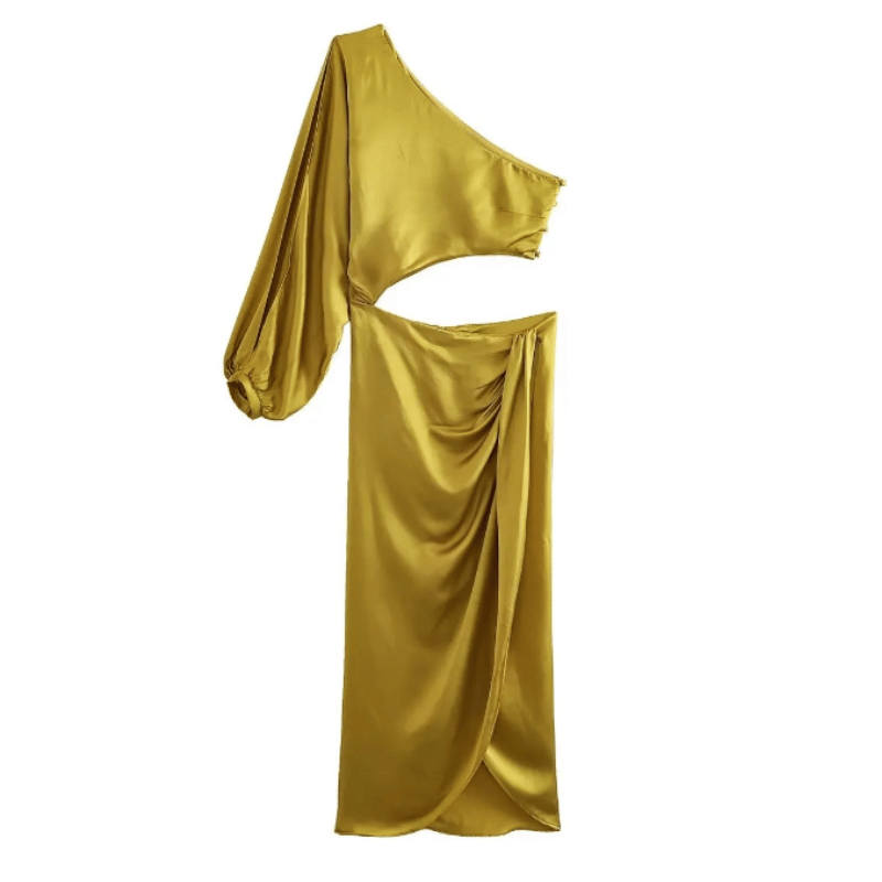 Vestido Cetim Assimétrico Longo Amarelo - Vilumagazine