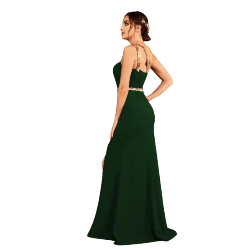 Vestido de Noite Elegante com Fenda e Lantejoulas Verde Escuro - Vilumagazine