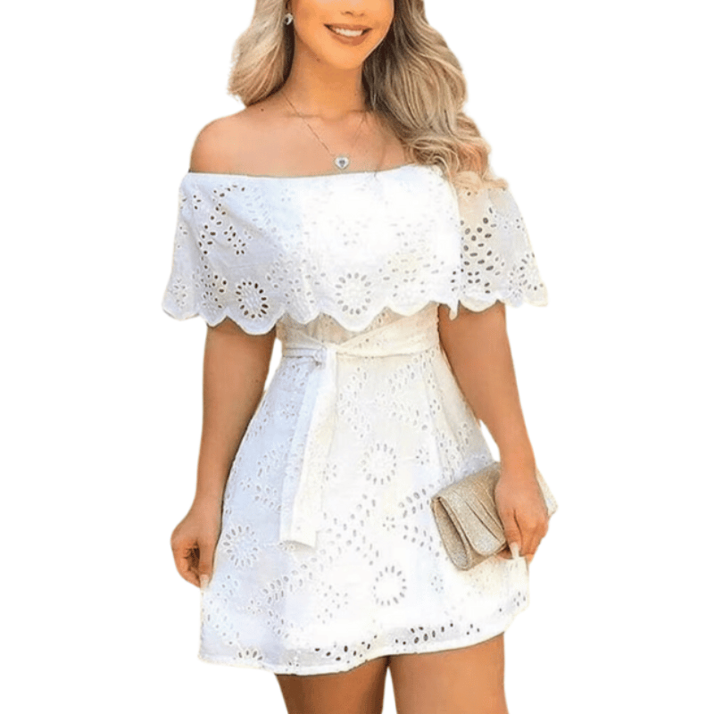 Vestido Vazado Feminino Verão Ombro a Ombro Branco - Vilumagazine