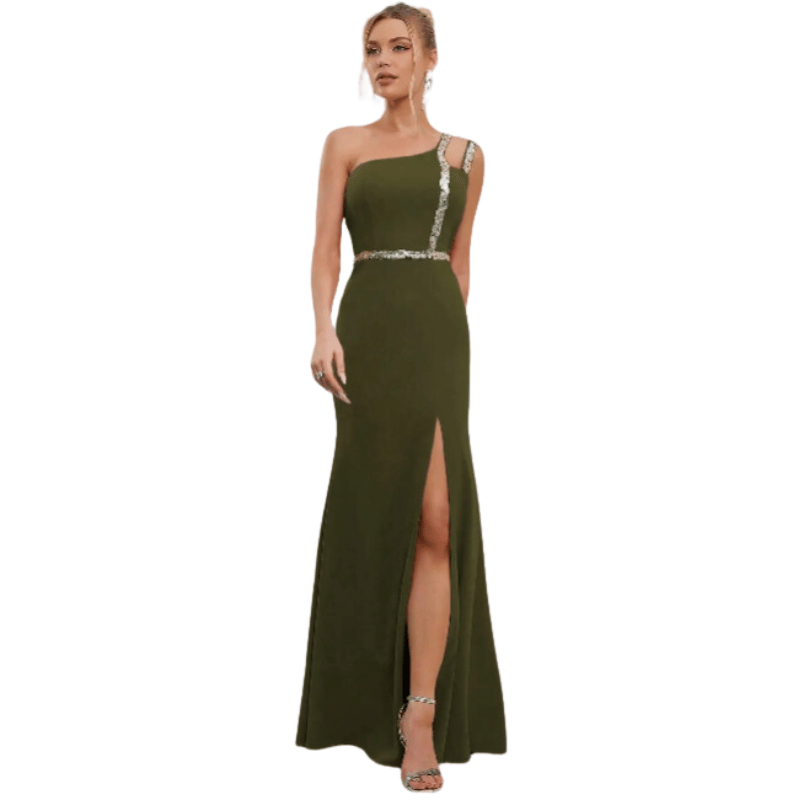 Vestido de Noite Elegante com Fenda e Lantejoulas Verde Militar - Vilumagazine