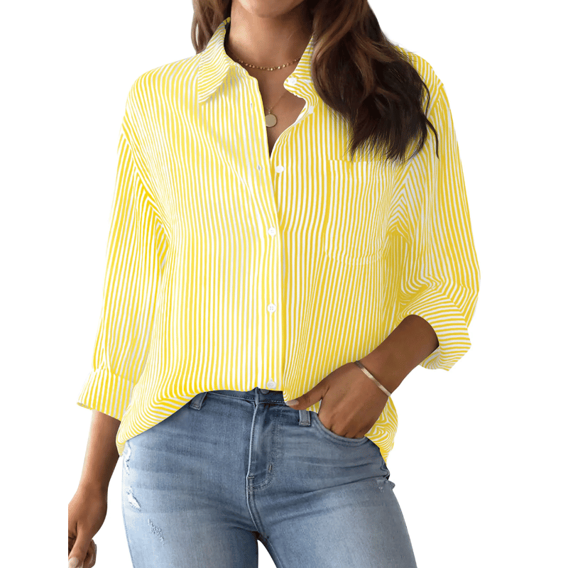 Camisa Feminina Estampa Clássica Listrada Amarela - Vilumagazine