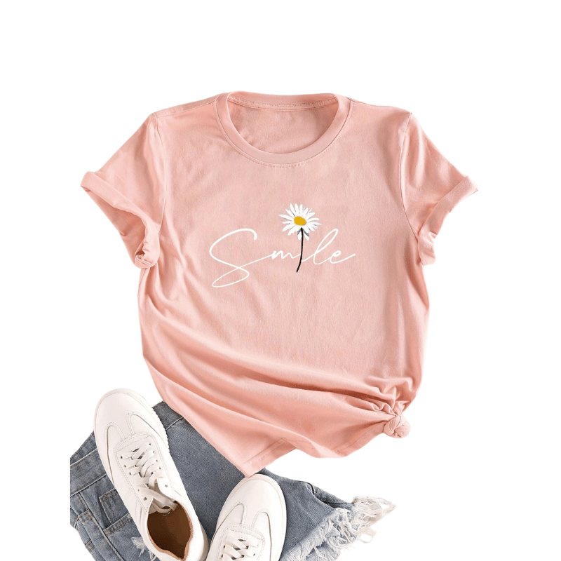 Camiseta Casual Estampa De Flores E Letras Rosa - Vilumagazine