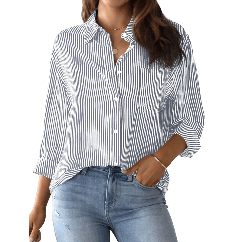 Camisa Feminina Estampa Clássica Listrada Azul Escuro - Vilumagazine