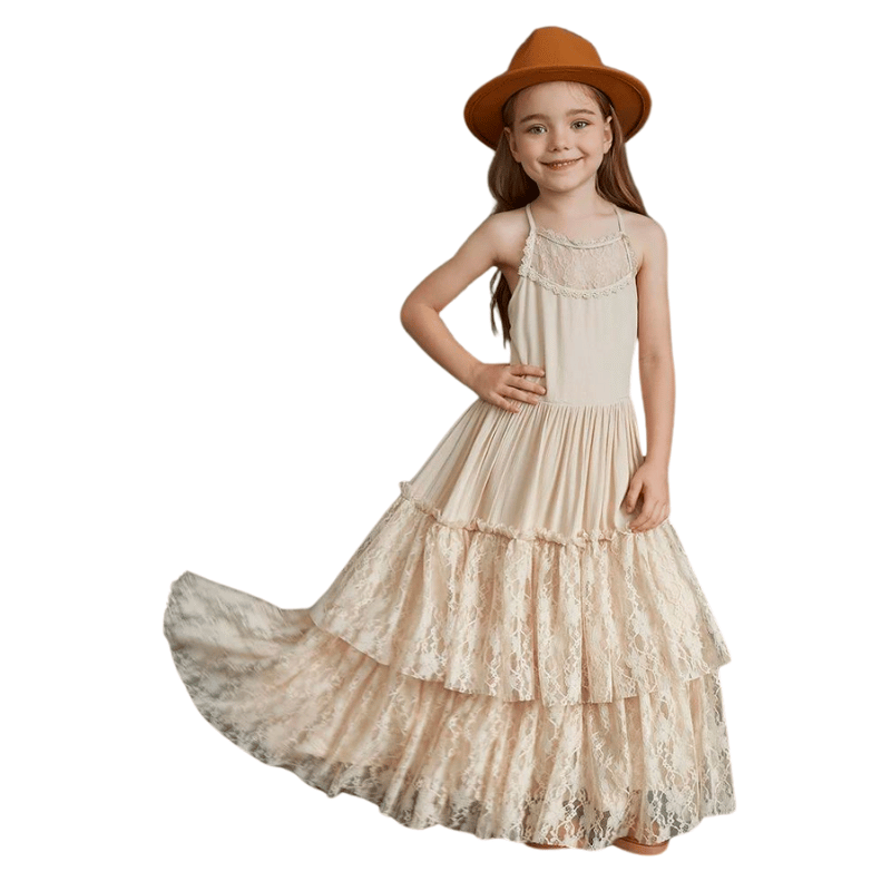 Vestido Infantil Longo de Renda Princesa Sem Mangas Bege - Vilumgazine