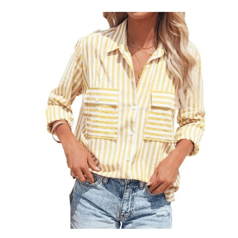 Camisa Feminina Listrada Manga Longa Amarelo - Vilumagazine