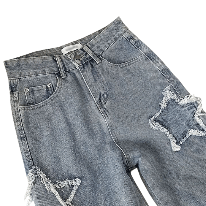 Calça Jeans Feminina Larga com Estampa de Estrela