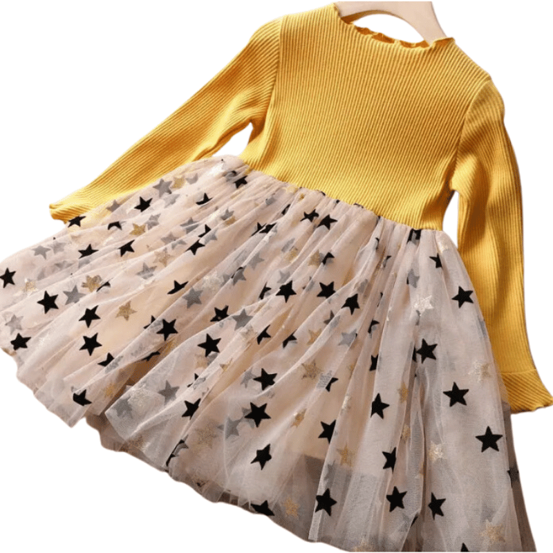 Vestido Infantil Outono Inverno Manga Longa Tutu Amarelo - Vilumagazine