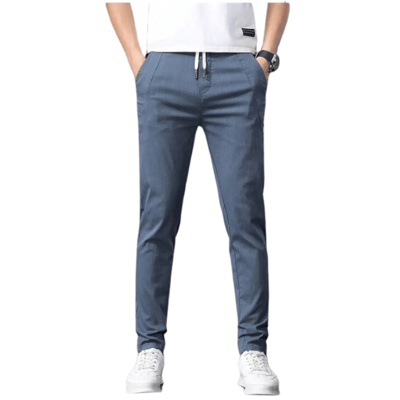 Calça Casual Masculina Reta de Cintura Alta com Cordão Elástico Azul - Vilumagazine