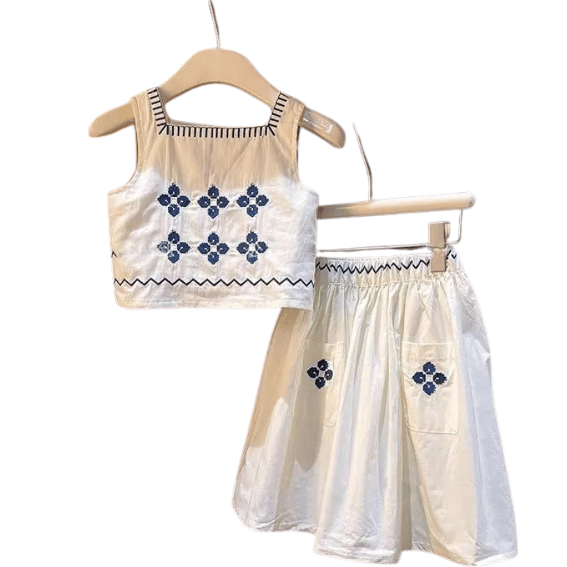 Conjunto Infantil Top e Saia com Bordado Floral - Branco - Vilumagazine