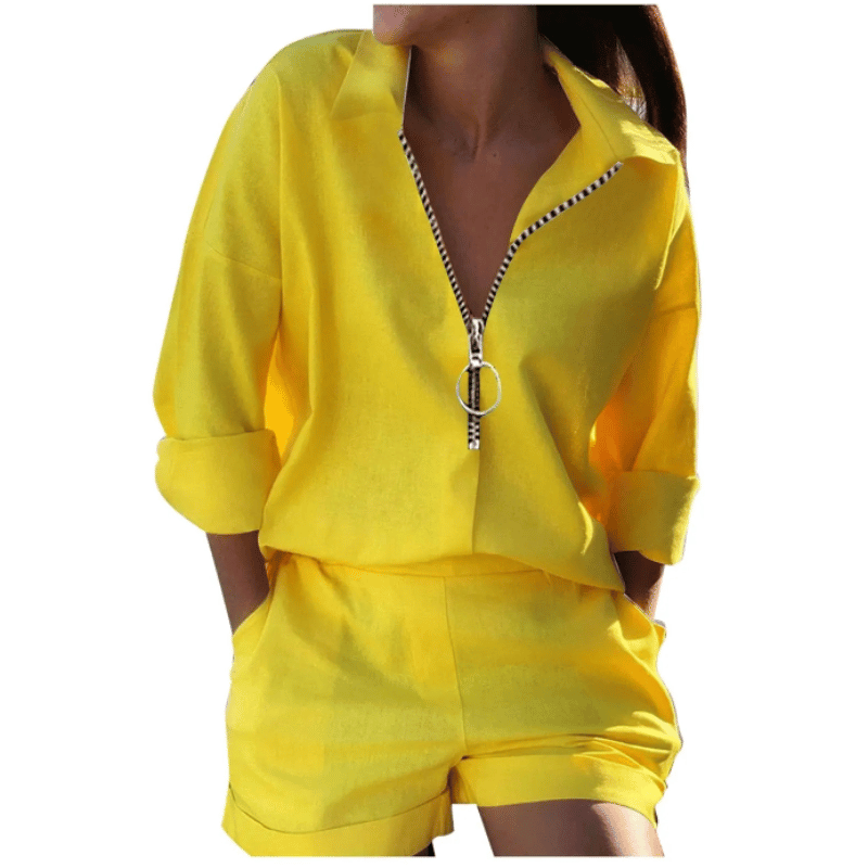 Conjunto de Camisa Manga Comprida e Shorts Feminino Amarelo Liso - Vilumagazine