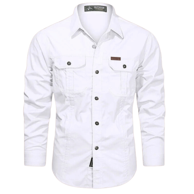 Camisa Cargo Masculina de Manga Longa de Algodão Casual Branca - Vilumagazine