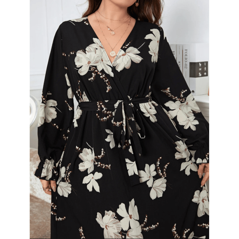 Vestido Florido Maxi Elegante Plus Size Preto - Vilumagazine