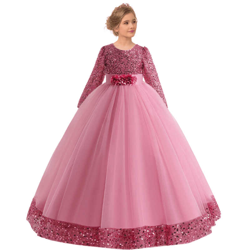 Vestidos de Festa Infantil Estilo Princesa Com Manga Longa Rosa - Vilumagazine