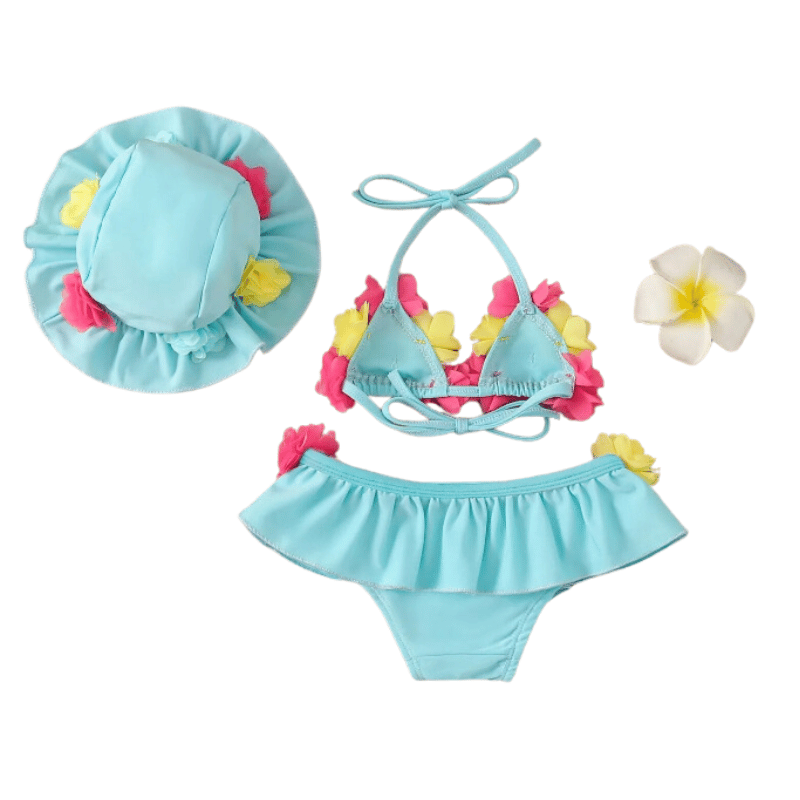 Conjunto Biquini Infantil Bebê Três Peças Floral- Azul - Vilumagazine