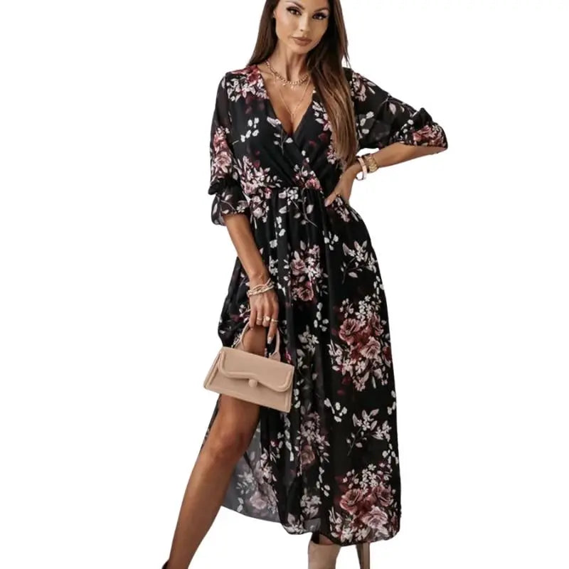 Vestido Longo Casual Meia Manga Floral Preto - Vilumagazine