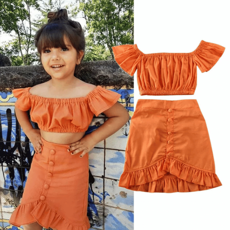 Conjunto Infantil Top e Saia com Babados Laranja - Vilumagazine