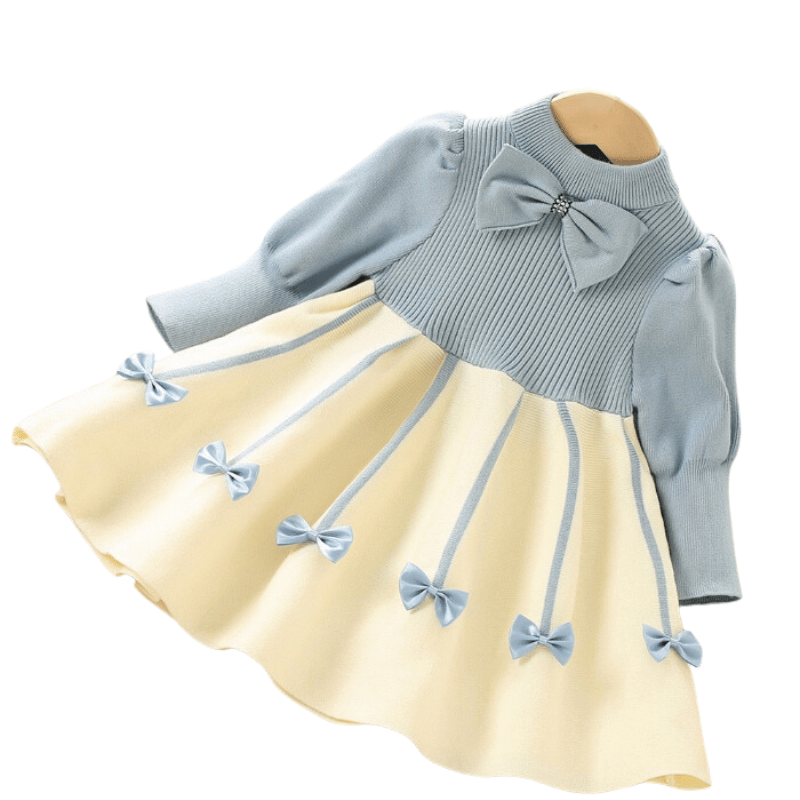 Vestido Infantil Feminino Tricô Laços Azul-Vilumagazine