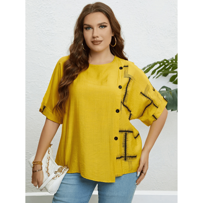 Camiseta VerãoEstilo Casual Plus Size - Amarela - Vilumagazine