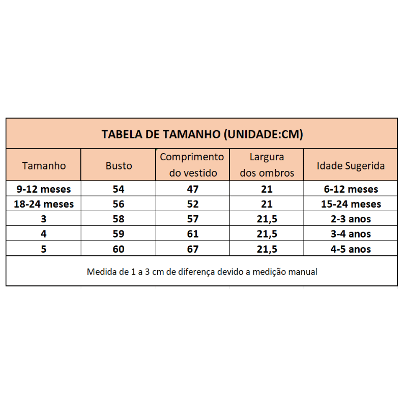 Vestido de Festa Infantil Laço Fofo Tabela de Medidas - Vilumagazine